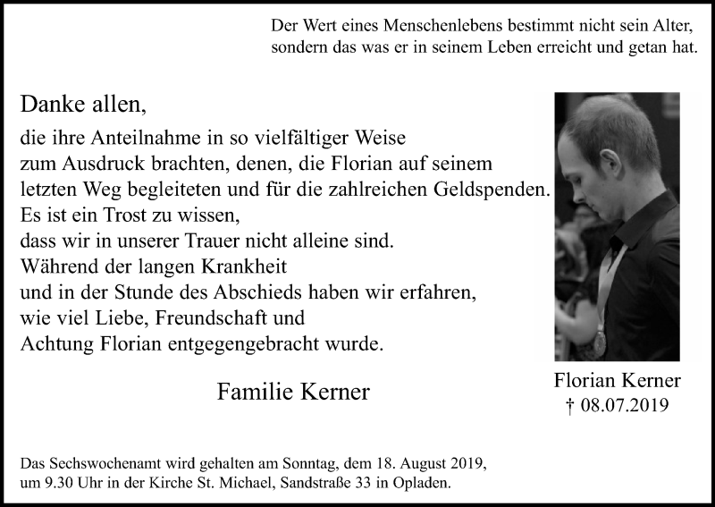  Traueranzeige für Florian Kerner vom 10.08.2019 aus Kölner Stadt-Anzeiger / Kölnische Rundschau / Express