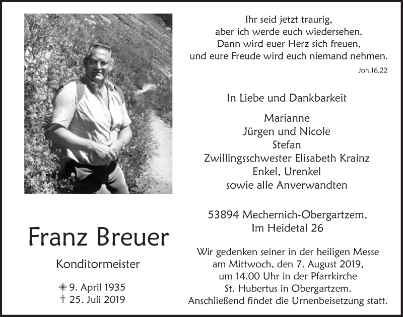  Traueranzeige für Franz Breuer vom 03.08.2019 aus  Blickpunkt Euskirchen 