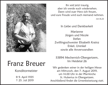 Anzeige von Franz Breuer von  Blickpunkt Euskirchen 