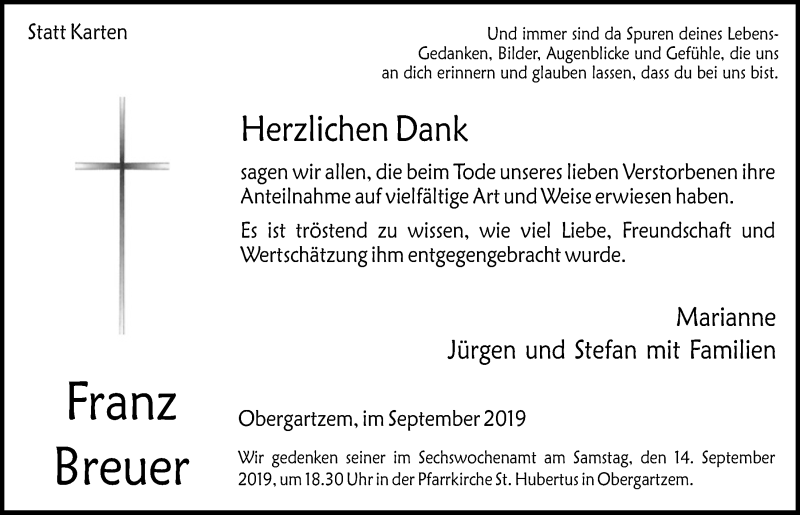  Traueranzeige für Franz Breuer vom 31.08.2019 aus  Blickpunkt Euskirchen 