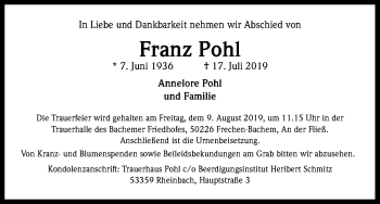 Anzeige von Franz Pohl von Kölner Stadt-Anzeiger / Kölnische Rundschau / Express