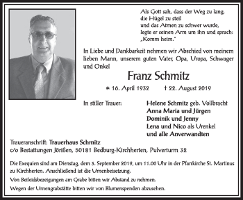 Anzeige von Franz Schmitz von  Sonntags-Post 