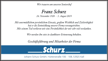 Anzeige von Franz Schurz von Kölner Stadt-Anzeiger / Kölnische Rundschau / Express