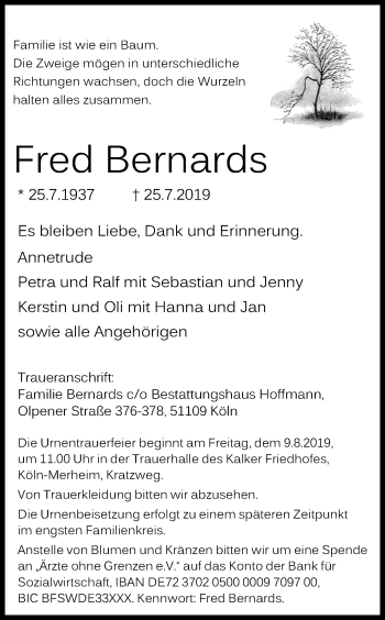 Anzeige von Fred Bernards von Kölner Stadt-Anzeiger / Kölnische Rundschau / Express