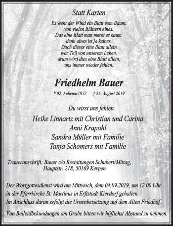 Anzeige von Friedhelm Bauer von  Sonntags-Post 