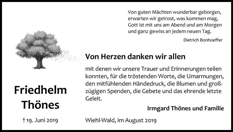  Traueranzeige für Friedhelm Thönes vom 24.08.2019 aus Kölner Stadt-Anzeiger / Kölnische Rundschau / Express