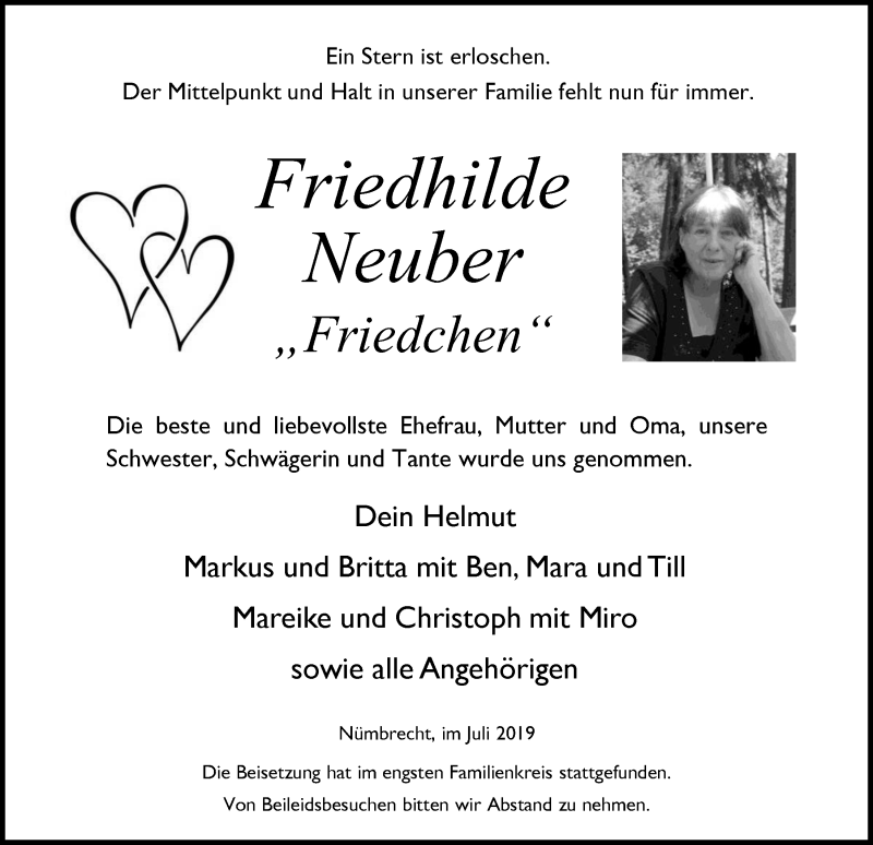  Traueranzeige für Friedhilde Neuber vom 21.08.2019 aus  Lokalanzeiger 