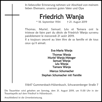 Anzeige von Friedrich Wanja von Kölner Stadt-Anzeiger / Kölnische Rundschau / Express