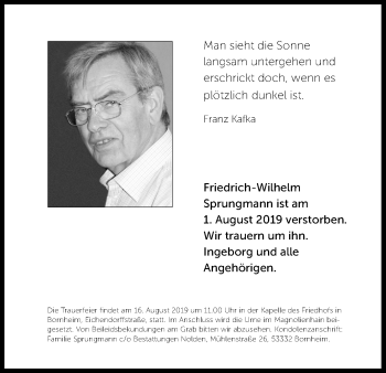 Anzeige von Friedrich-Wilhelm Sprungmann von Kölner Stadt-Anzeiger / Kölnische Rundschau / Express