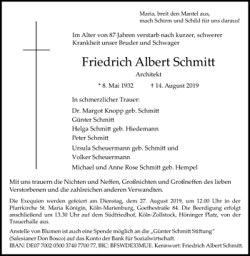 Anzeige von Friedrich Albert Schmitt von Kölner Stadt-Anzeiger / Kölnische Rundschau / Express