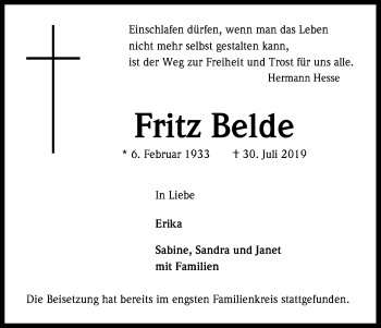 Anzeige von Fritz Belde von Kölner Stadt-Anzeiger / Kölnische Rundschau / Express