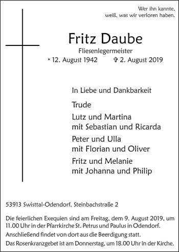 Anzeige von Fritz Daube von  Schaufenster/Blickpunkt 