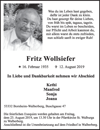 Anzeige von Fritz Wollsiefer von  Schlossbote/Werbekurier 