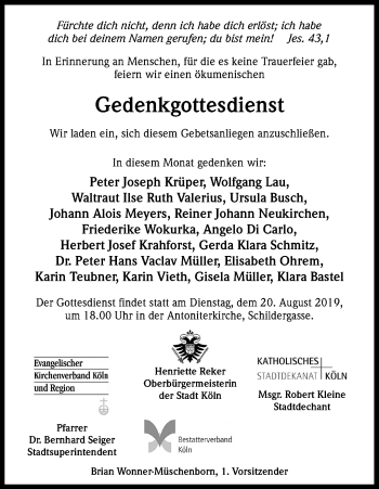 Anzeige von Gedenkgottesdienst  von Kölner Stadt-Anzeiger / Kölnische Rundschau / Express