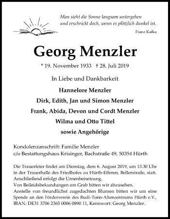Anzeige von Georg Menzler von Kölner Stadt-Anzeiger / Kölnische Rundschau / Express