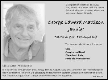 Anzeige von George Edward Mattison von Kölner Stadt-Anzeiger / Kölnische Rundschau / Express