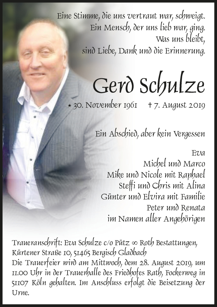  Traueranzeige für Gerd Schulze vom 21.08.2019 aus  Bergisches Handelsblatt 