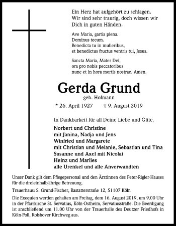 Anzeige von Gerda Grund von Kölner Stadt-Anzeiger / Kölnische Rundschau / Express
