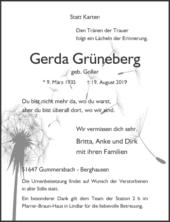 Anzeige von Gerda Grüneberg von  Anzeigen Echo 