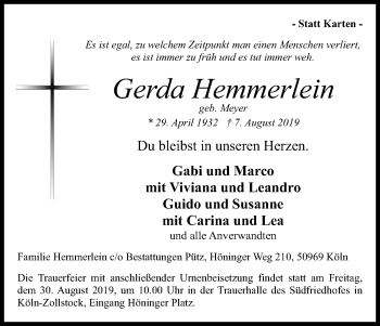 Anzeige von Gerda Hemmerlein von Kölner Stadt-Anzeiger / Kölnische Rundschau / Express