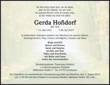 Anzeige von Gerda Hoßdorf von Kölner Stadt-Anzeiger / Kölnische Rundschau / Express