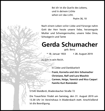 Anzeige von Gerda Schumacher von Kölner Stadt-Anzeiger / Kölnische Rundschau / Express