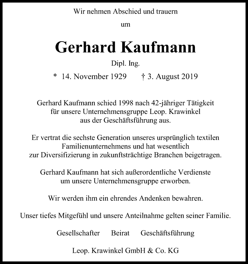  Traueranzeige für Gerhard Kaufmann vom 07.08.2019 aus Kölner Stadt-Anzeiger / Kölnische Rundschau / Express