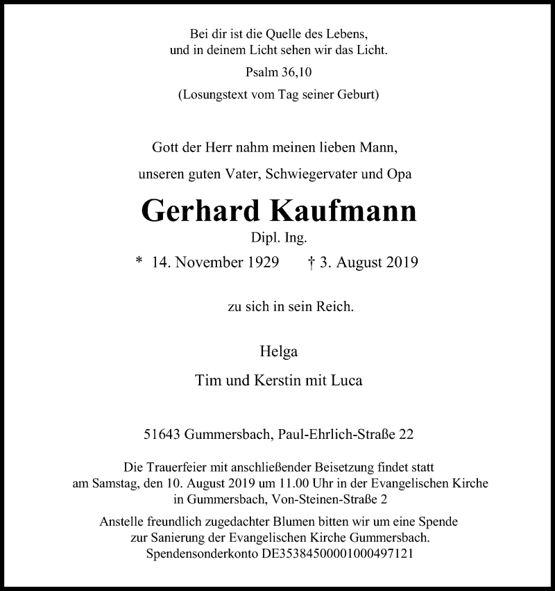  Traueranzeige für Gerhard Kaufmann vom 07.08.2019 aus Kölner Stadt-Anzeiger / Kölnische Rundschau / Express