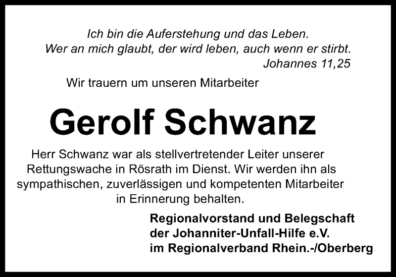  Traueranzeige für Gerolf Schwanz vom 17.08.2019 aus Kölner Stadt-Anzeiger / Kölnische Rundschau / Express