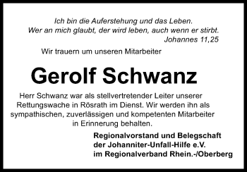Anzeige von Gerolf Schwanz von Kölner Stadt-Anzeiger / Kölnische Rundschau / Express