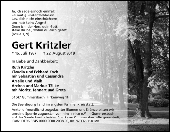 Anzeige von Gert Kritzler von Kölner Stadt-Anzeiger / Kölnische Rundschau / Express