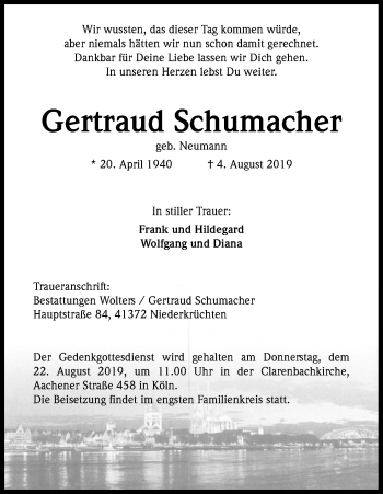 Anzeige von Gertraud Schumacher von Kölner Stadt-Anzeiger / Kölnische Rundschau / Express