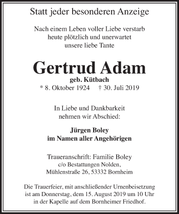 Anzeige von Gertrud Adam von  Schaufenster/Blickpunkt 