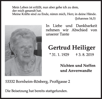Anzeige von Gertrud Heiliger von  Schaufenster/Blickpunkt 