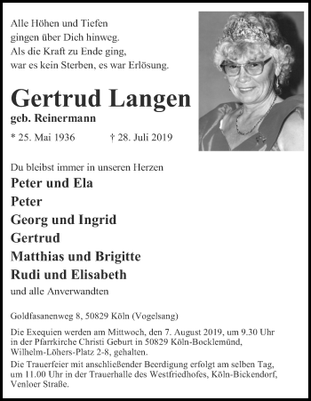 Anzeige von Gertrud Langen von Kölner Stadt-Anzeiger / Kölnische Rundschau / Express