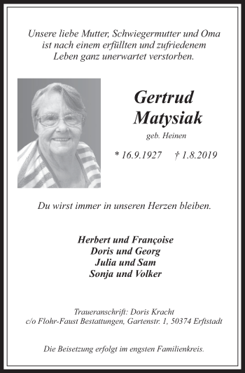 Anzeige von Gertrud Matysiak von  Wochenende 