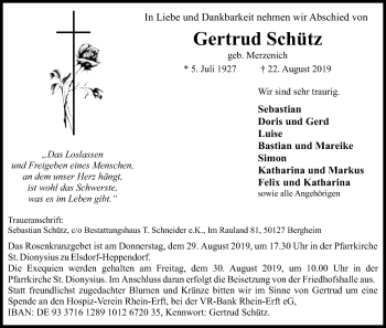 Anzeige von Gertrud Schütz von Kölner Stadt-Anzeiger / Kölnische Rundschau / Express