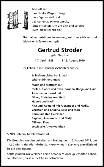 Anzeige von Gertrud Ströder von Kölner Stadt-Anzeiger / Kölnische Rundschau / Express