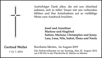 Anzeige von Gertrud Weiler von  Schlossbote/Werbekurier 