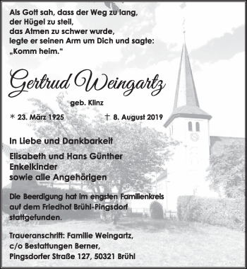 Anzeige von Gertrud Weingartz von  Schlossbote/Werbekurier 