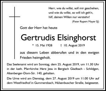 Anzeige von Gertrudis Elsinghorst von Kölner Stadt-Anzeiger / Kölnische Rundschau / Express