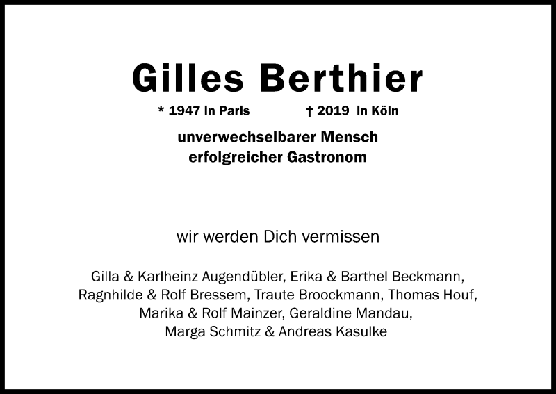  Traueranzeige für Gilles Berthier vom 31.08.2019 aus Kölner Stadt-Anzeiger / Kölnische Rundschau / Express