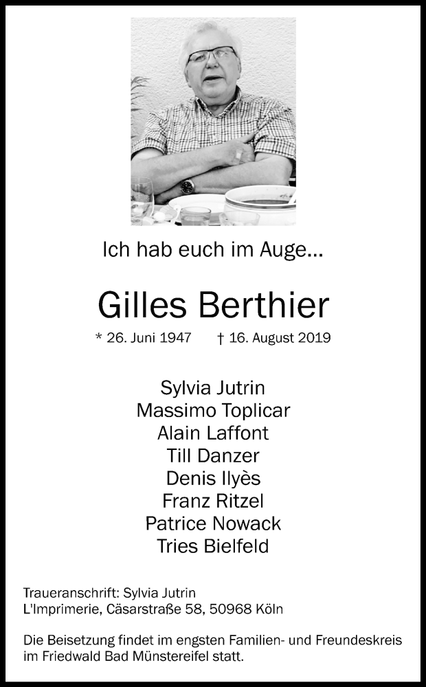  Traueranzeige für Gilles Berthier vom 31.08.2019 aus Kölner Stadt-Anzeiger / Kölnische Rundschau / Express
