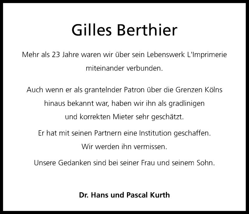  Traueranzeige für Gilles Berthier vom 31.08.2019 aus Kölner Stadt-Anzeiger / Kölnische Rundschau / Express