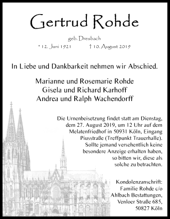 Anzeige von Gisela Rohde von Kölner Stadt-Anzeiger / Kölnische Rundschau / Express