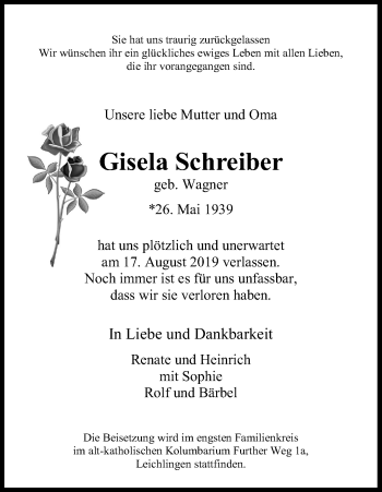 Anzeige von Gisela Schreiber von Kölner Stadt-Anzeiger / Kölnische Rundschau / Express