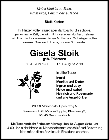 Anzeige von Gisela Stoik von Kölner Stadt-Anzeiger / Kölnische Rundschau / Express
