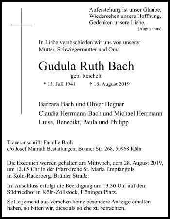Anzeige von Gudula Ruth Bach von Kölner Stadt-Anzeiger / Kölnische Rundschau / Express