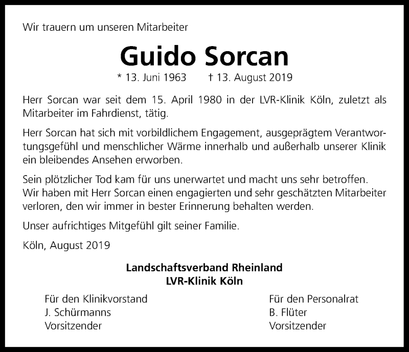  Traueranzeige für Guido Sorcan vom 17.08.2019 aus Kölner Stadt-Anzeiger / Kölnische Rundschau / Express