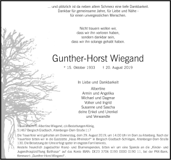 Anzeige von Gunther-Horst Wiegand von  Bergisches Sonntagsblatt 